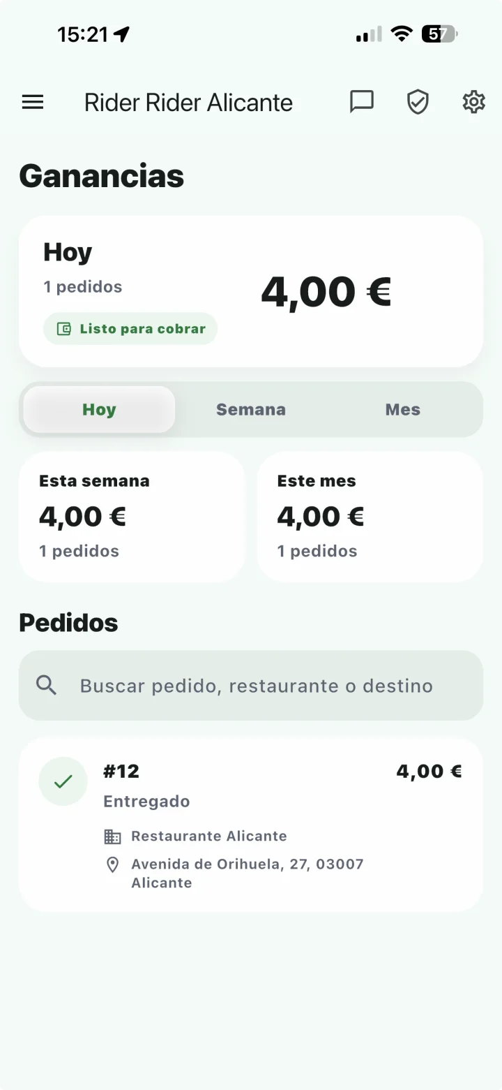 Pantalla de ganancias estimadas disponibles para un rider en Operio Rider