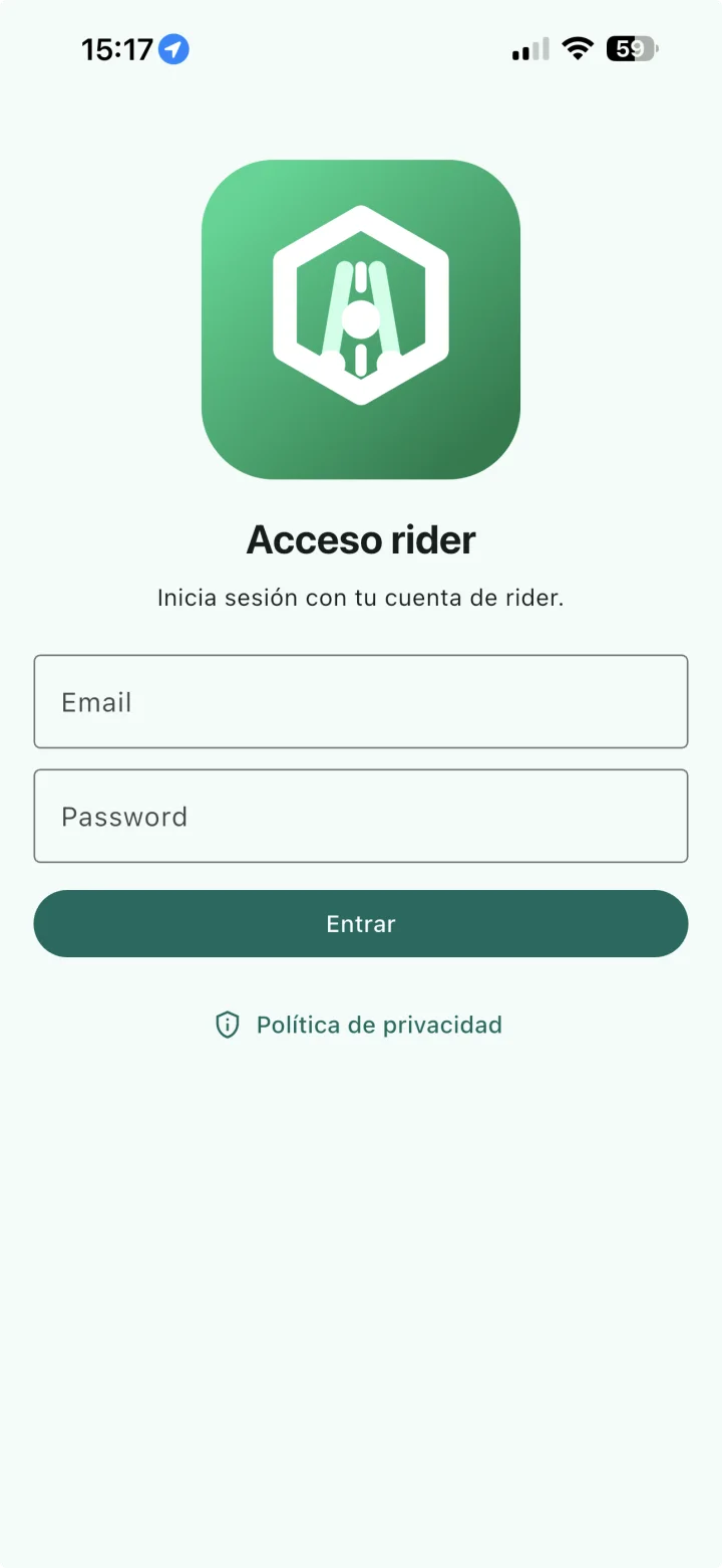 Pantalla de login de Operio Rider para acceso privado de riders autorizados