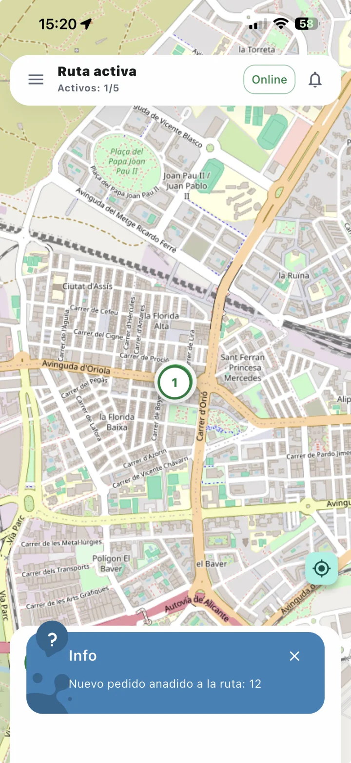 Listado de pedidos asignados en la app para repartidores Operio Rider