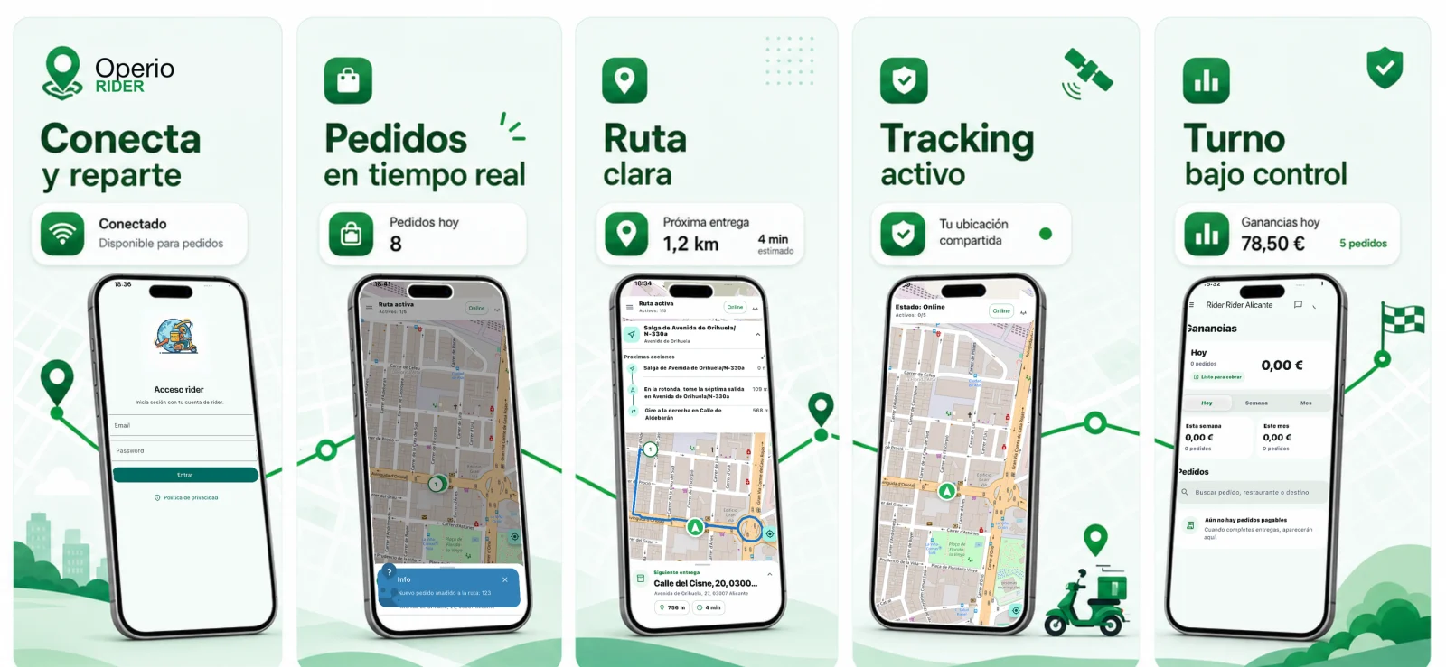 Vista general de Operio Rider con pantallas de pedidos, navegación, tracking y ganancias
